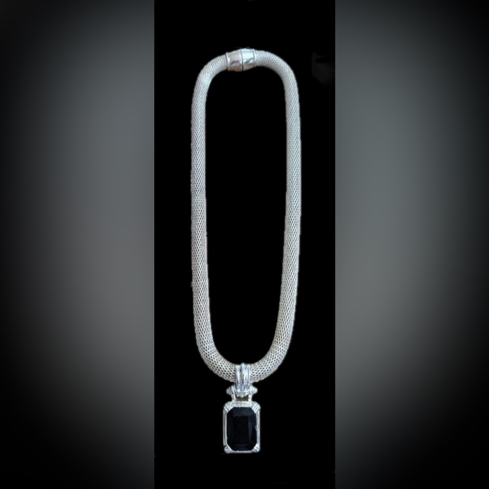 Silver Mesh Necklace w Black Rhinestone Pendant 16” chain, 1” hang on pendant